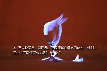3、有人說茅臺(tái)、劍南春、五糧液是白酒界的top3，他們?nèi)齻€(gè)之間應(yīng)該怎么排名？為什么？
